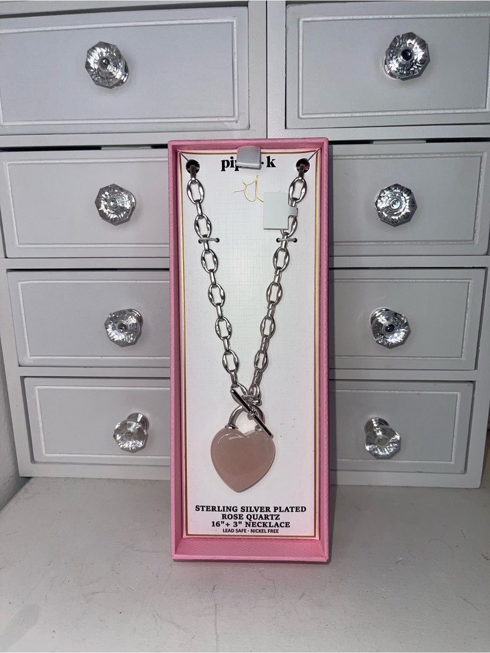 NWT PINK Piper K Silver Chain Necklace with Pink Heart Pendant